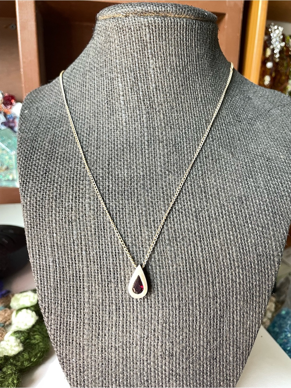 Avon Gold Teardrop Necklace with Garnet Accent